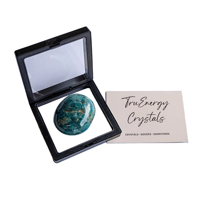 Turquoise crystal in a black display case with 'TruEnergy Crystals' card on a white background
