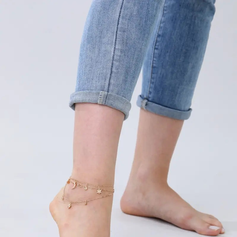 Celestial Charm Layered Star & Moon Anklet in Gold