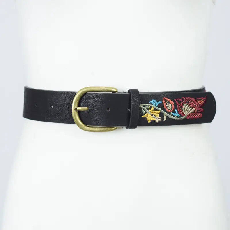 Flower Embroidered Belt in Black