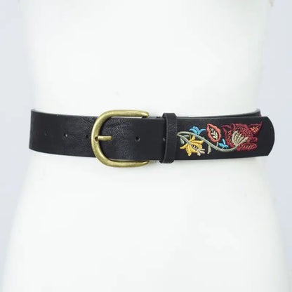 Flower Embroidered Belt in Black