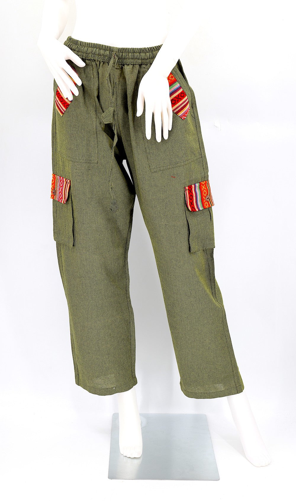 Green Boho Cargo Pants with Gheri Accents and Pockets