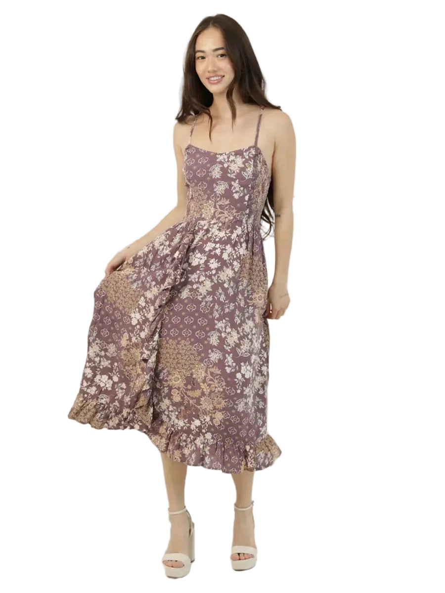 Floral Side-Smocked Racerback Midi Dress in Peppercorn