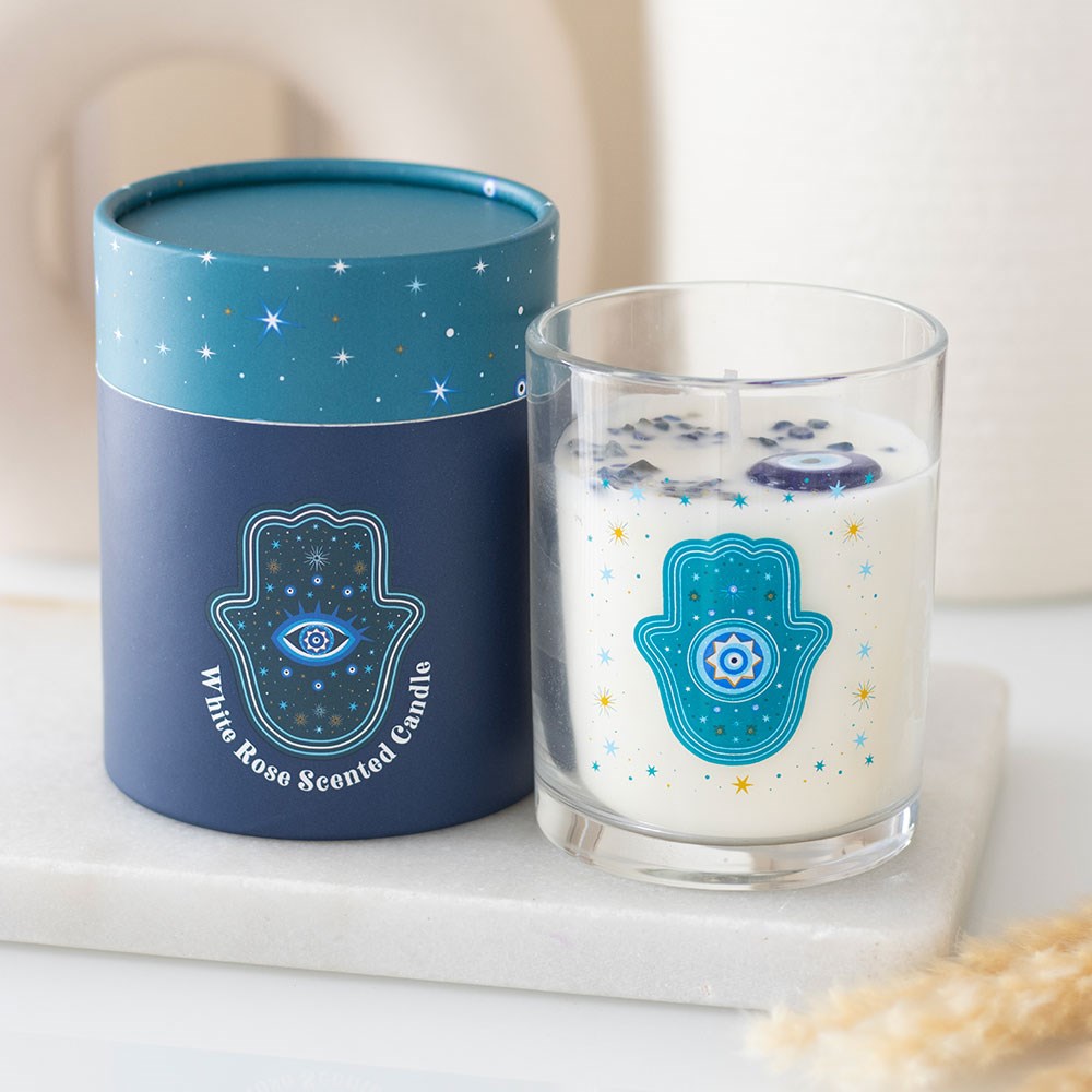 Hand of Hamsa Crystal & Charm White Rose Scented Candle