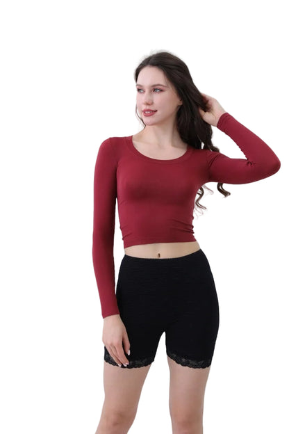Second Skin Long Sleeve Crop Top in Burgundy