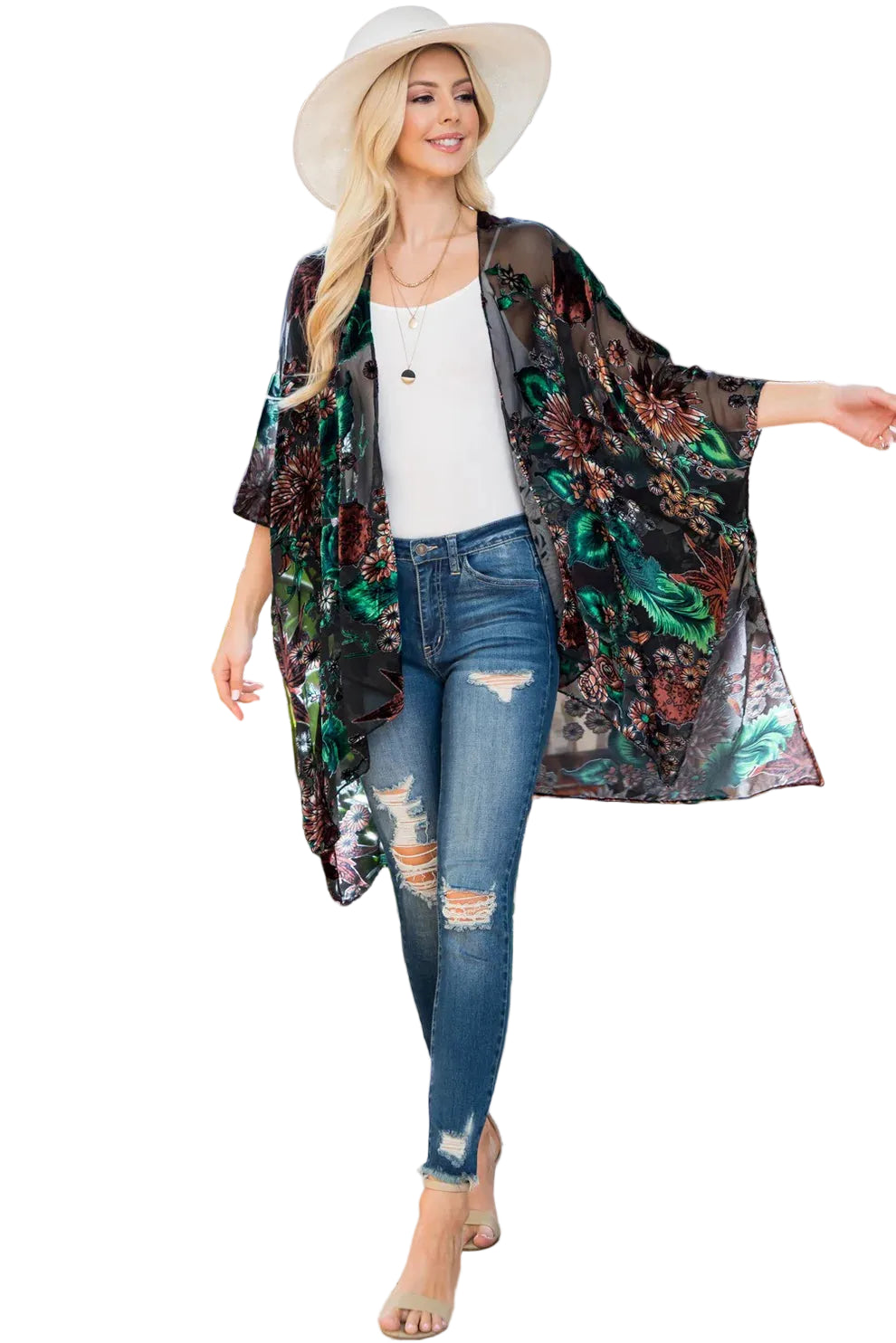 Forest Floral Burnout Velvet Kimono