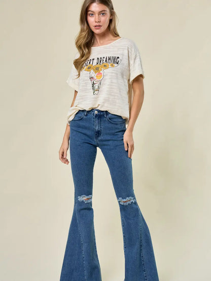 Distressed Knee Extreme Flare Jeans in Medium Wash