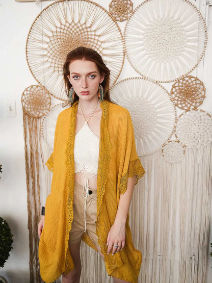 Scallop Lace Trimmed Kimono in Mustard Yellow