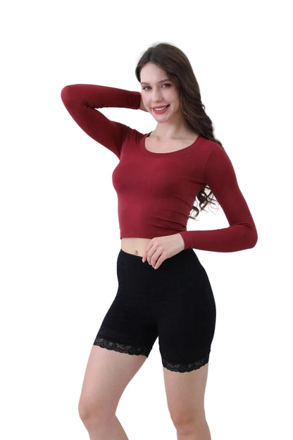 Second Skin Long Sleeve Crop Top in Burgundy