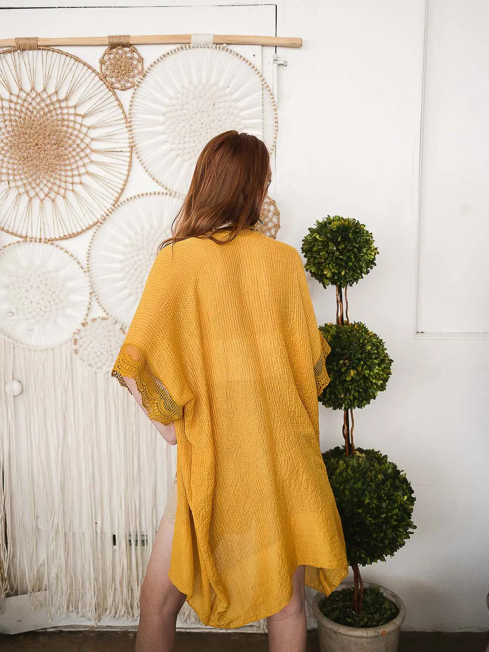 Scallop Lace Trimmed Kimono in Mustard Yellow