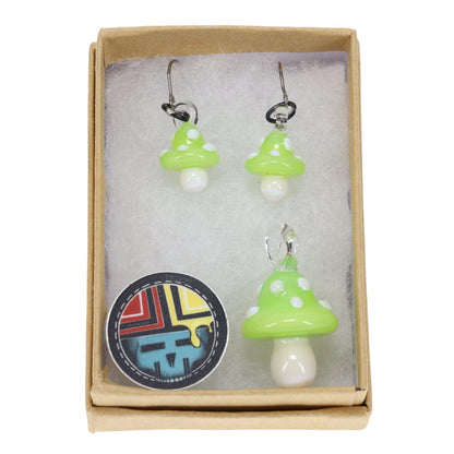 Sugar Mattys Glass Mushroom Pendant & Earrings Set