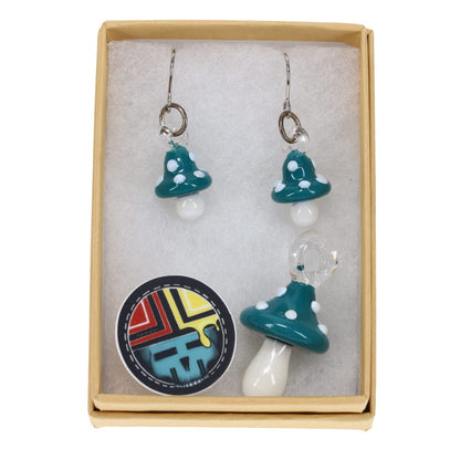 Sugar Mattys Glass Mushroom Pendant & Earrings Set