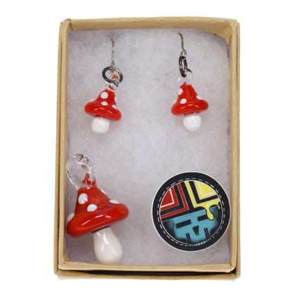 Sugar Mattys Glass Mushroom Pendant & Earrings Set