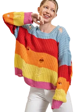 Distressed Rainbow Stripe Crochet Sweater