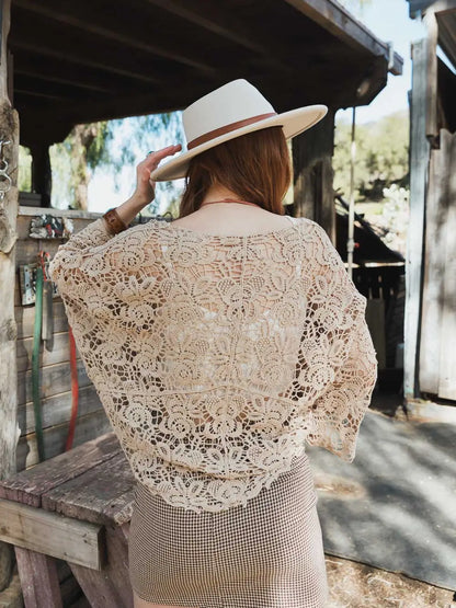 Crochet Floral Petal Kimono Wrap in Mocha