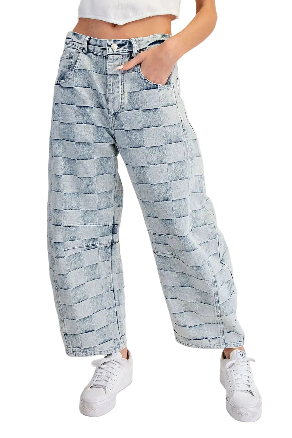 Checkered Barrel Leg Jeans – Acid Wash