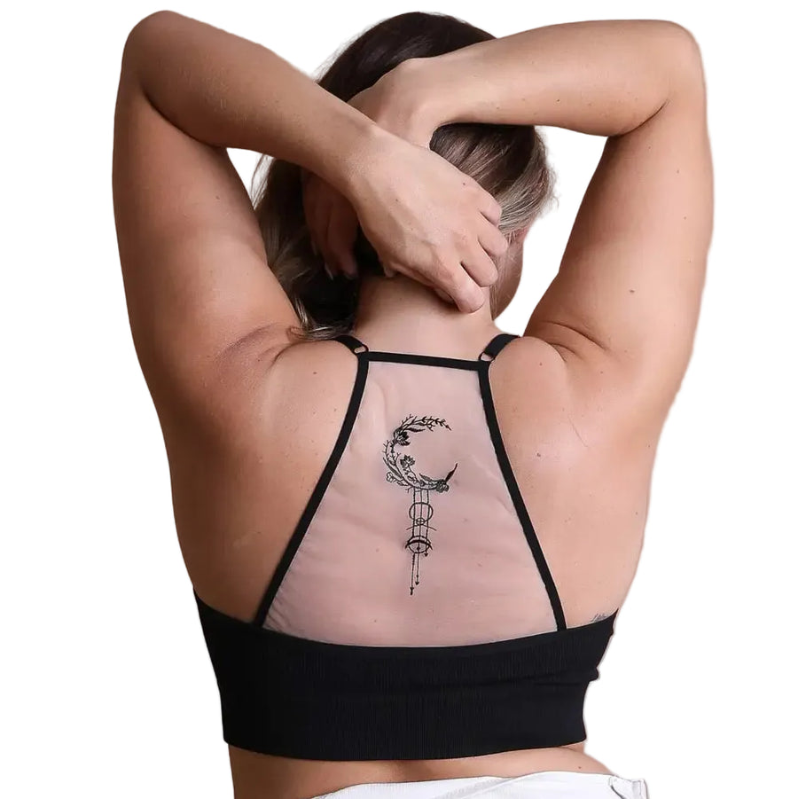 Celestial Moon Embroidered Mesh Black Bralette
