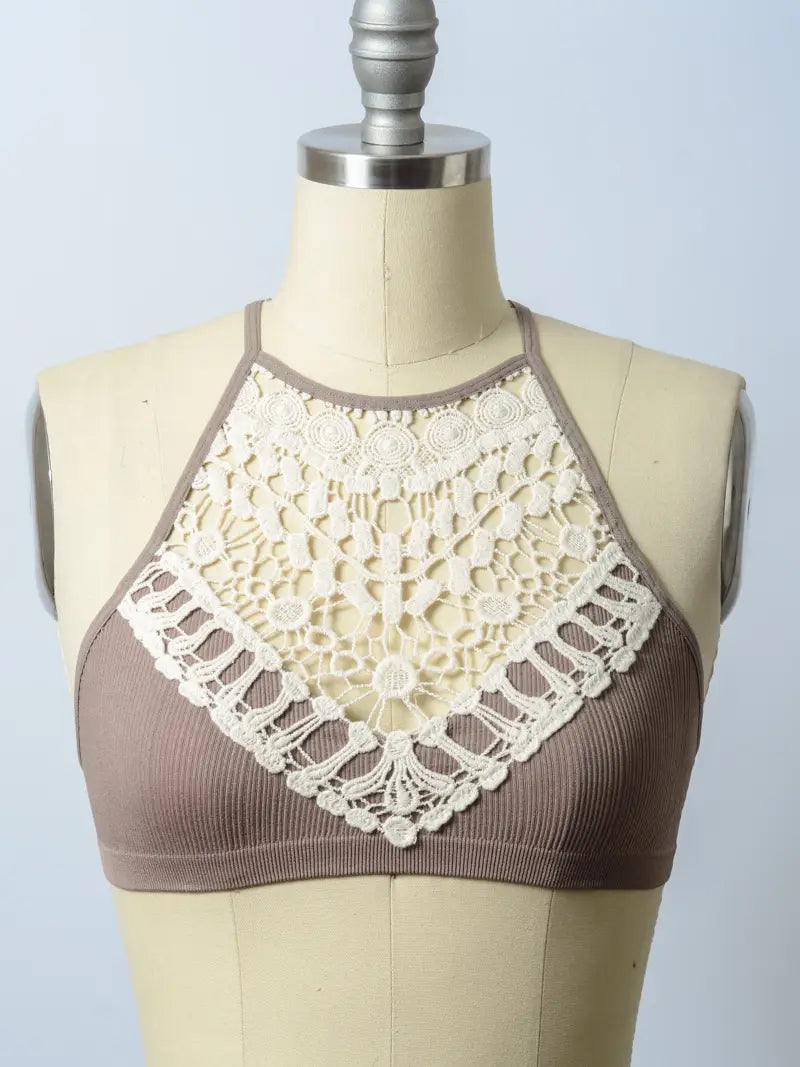 Crochet Lace Halter Bralette in Mocha
