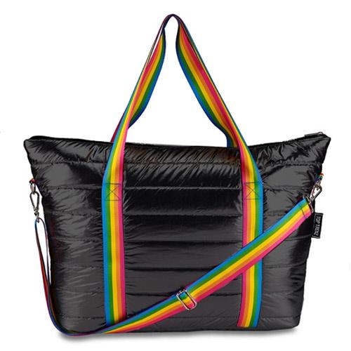 Black Puffer Tote with Rainbow Straps