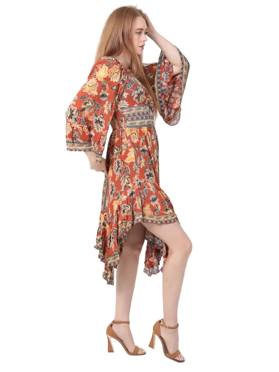 Twist Front Cutout Handkerchief Hem Boho Dress in Brown