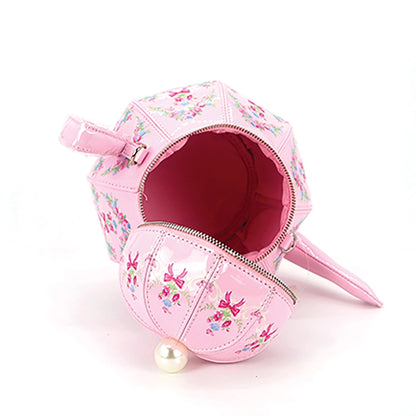 Vintage Pink Floral Teapot Handbag with Pearl Bead Strap