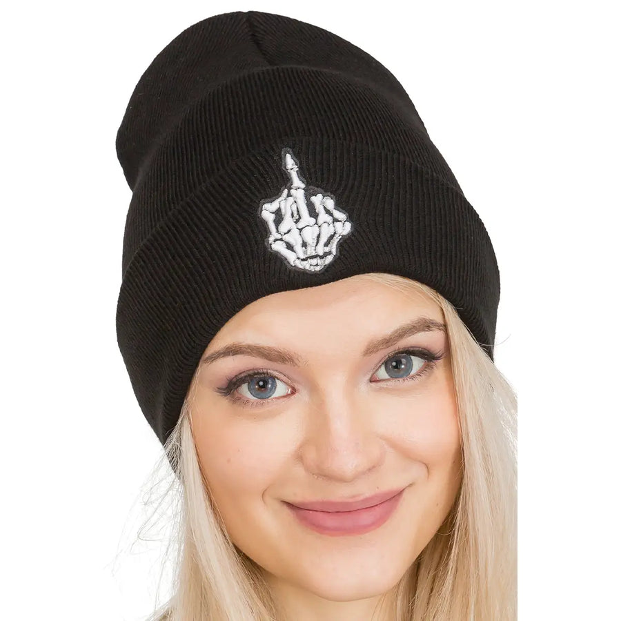 Middle Finger Skeleton Beanie in Black