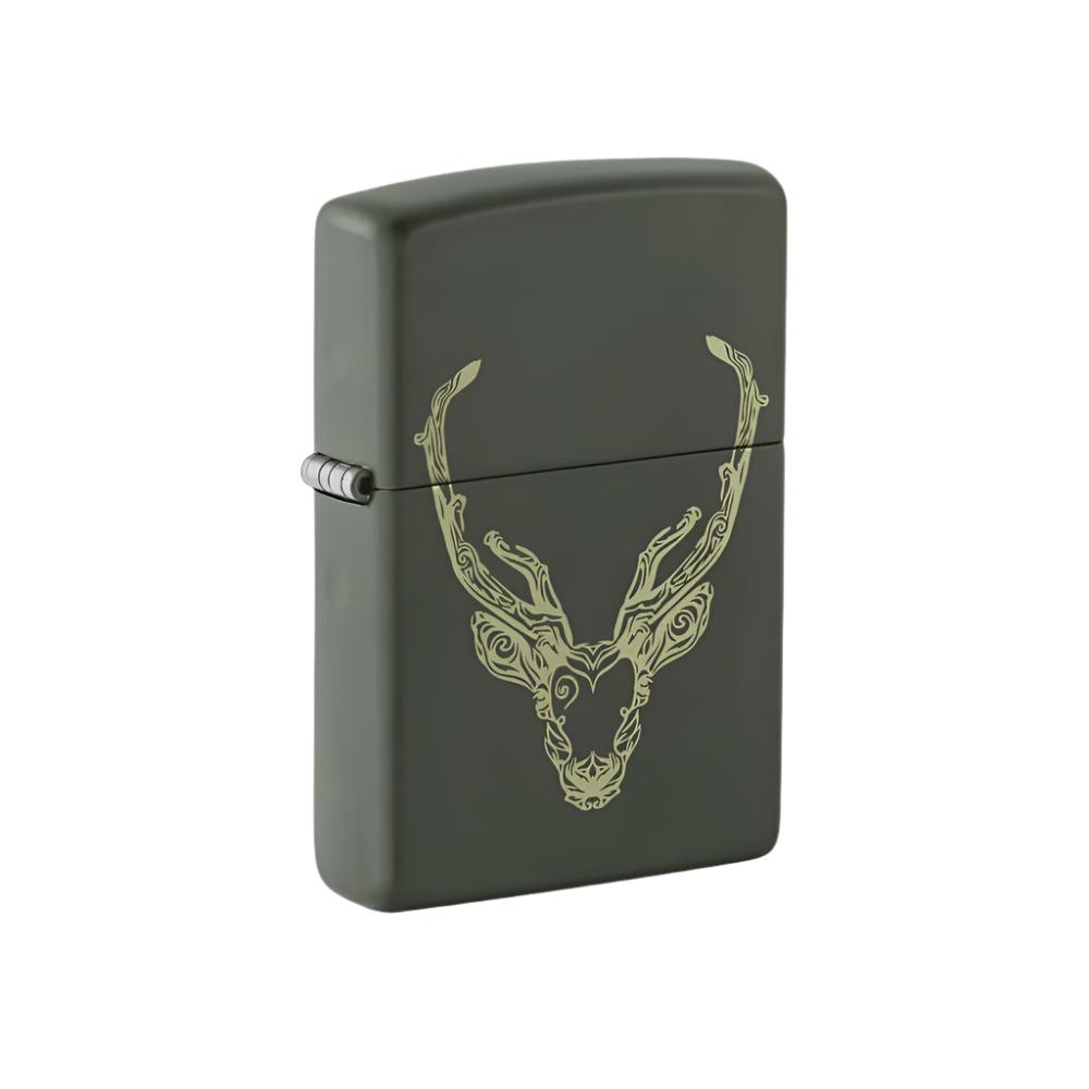 Zippo Lighter Engraved Abstract Deer Design Green Matte