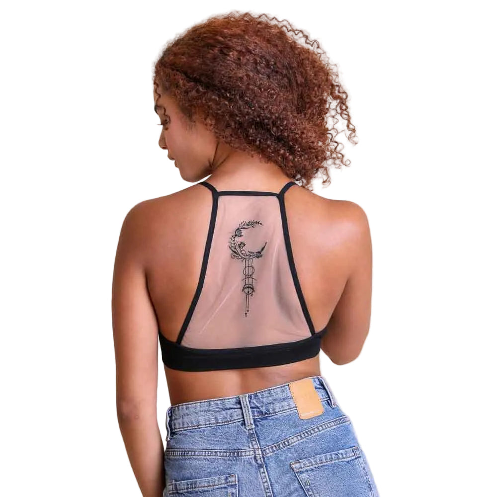 Celestial Moon Embroidered Mesh Black Bralette