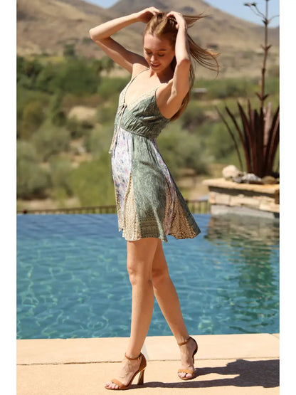 Sage Mixed Print Godet Sundress