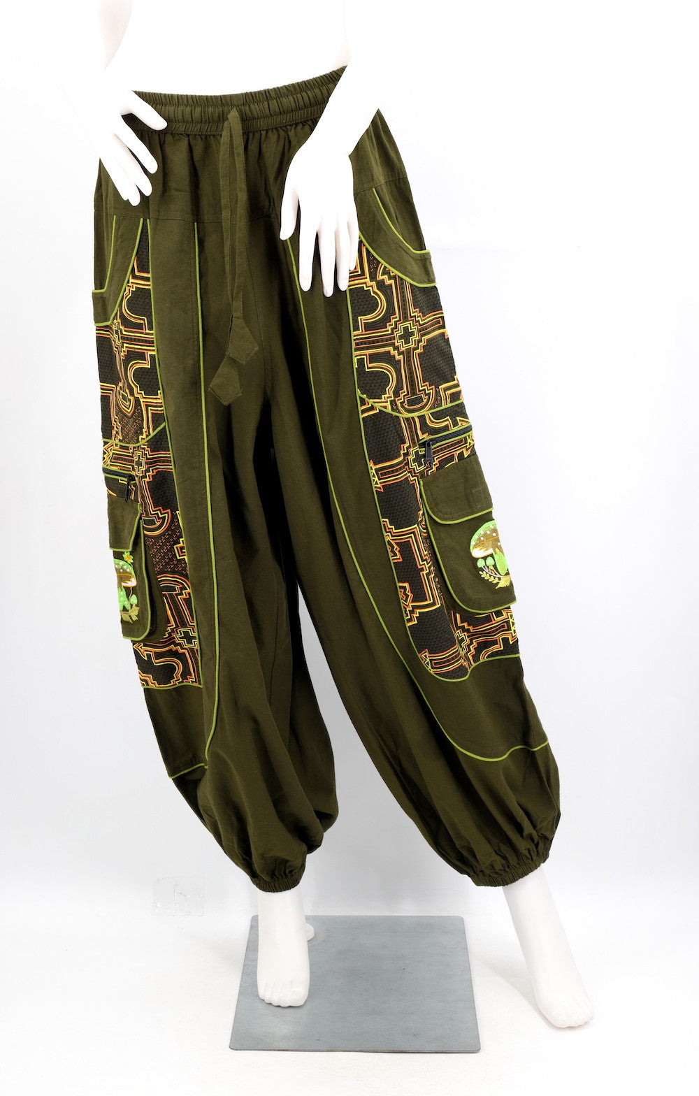 Geometric Tribal Harem Cargo Pants with Mushroom Embroidery