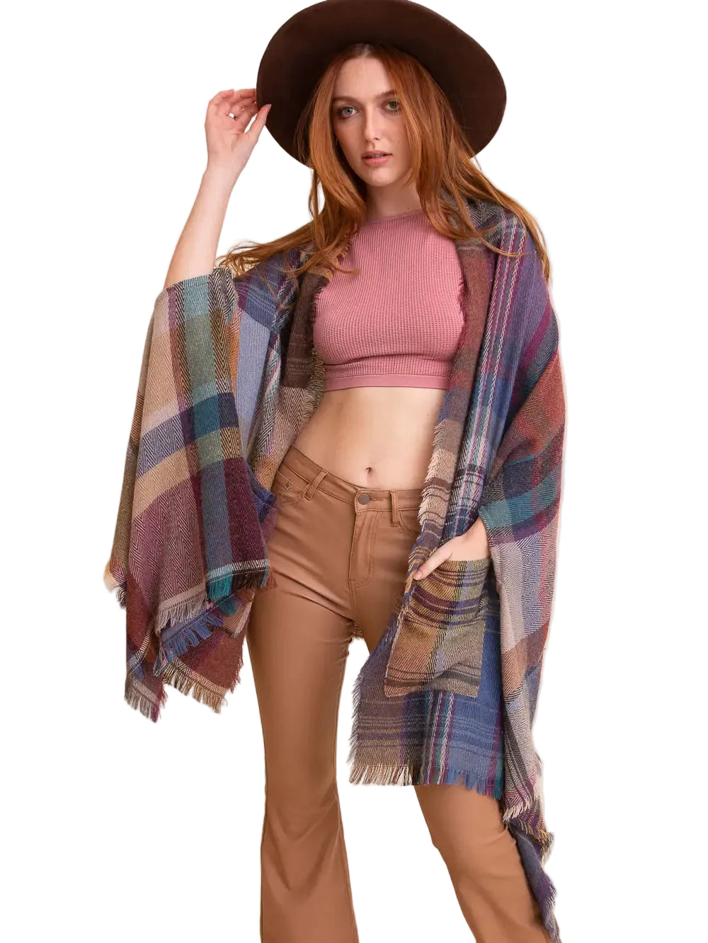 Plaid Fringe Shawl Wrap with Pockets in Camel