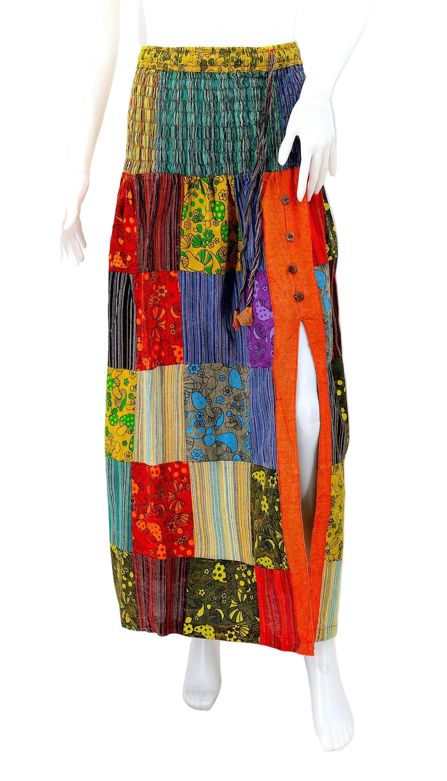 Mushroom Patchwork Maxi Skirt with Side Slit