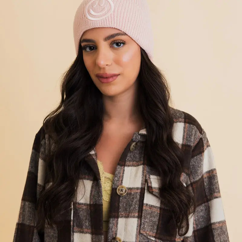 Embroidered Smiley Face Beanie in Blush Pink