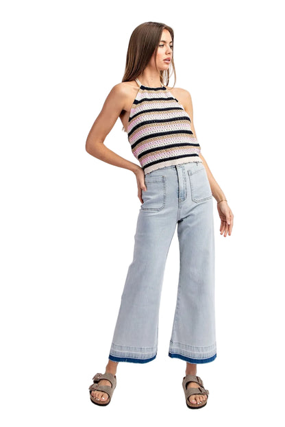 Striped Open Knit Crochet Halter top in Navy and Pink