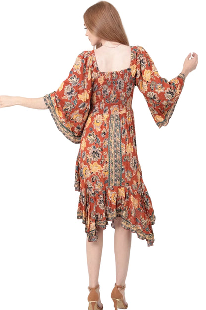 Twist Front Cutout Handkerchief Hem Boho Dress in Brown