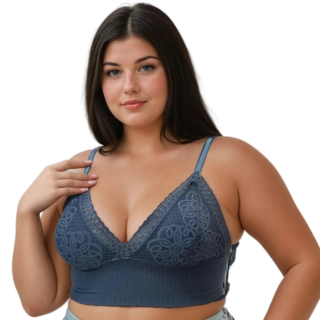 Curvy Lace V Neck Bralette in Slate Blue