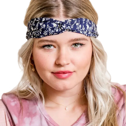 Floral Trailing Vine Twist Headwrap in Navy