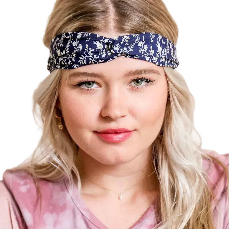 Floral Trailing Vine Twist Headwrap in Navy