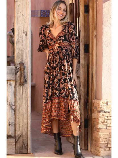 Boho Paisley Twist Front Cutout High Low Maxi Dress