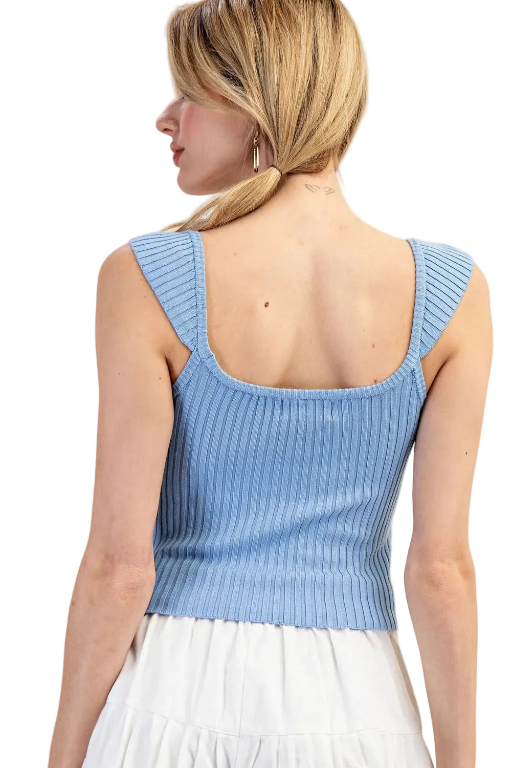 Ribbed Knit Lace Up Tank Top in Light Blue
