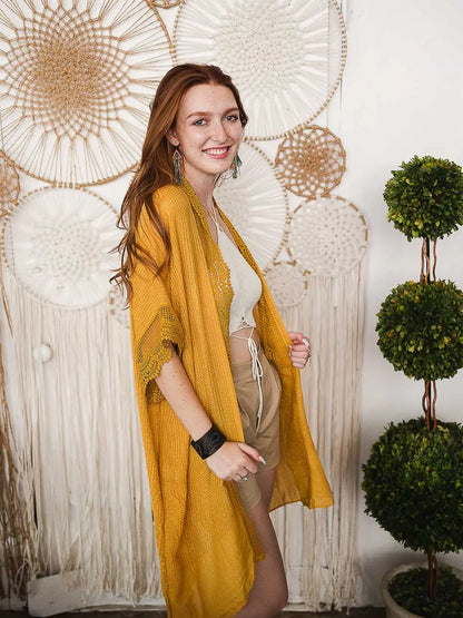 Scallop Lace Trimmed Kimono in Mustard Yellow