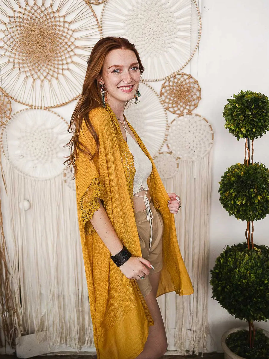 Scallop Lace Trimmed Kimono in Mustard Yellow