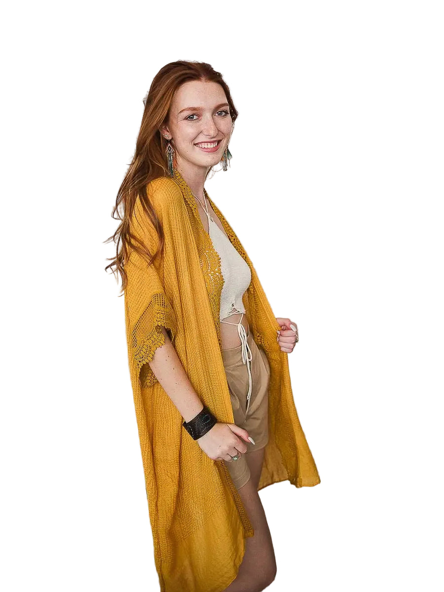 Scallop Lace Trimmed Kimono in Mustard Yellow