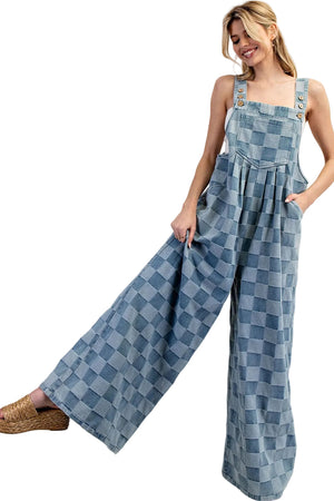 Mineral Washed Checker Print Wide Leg Overalls