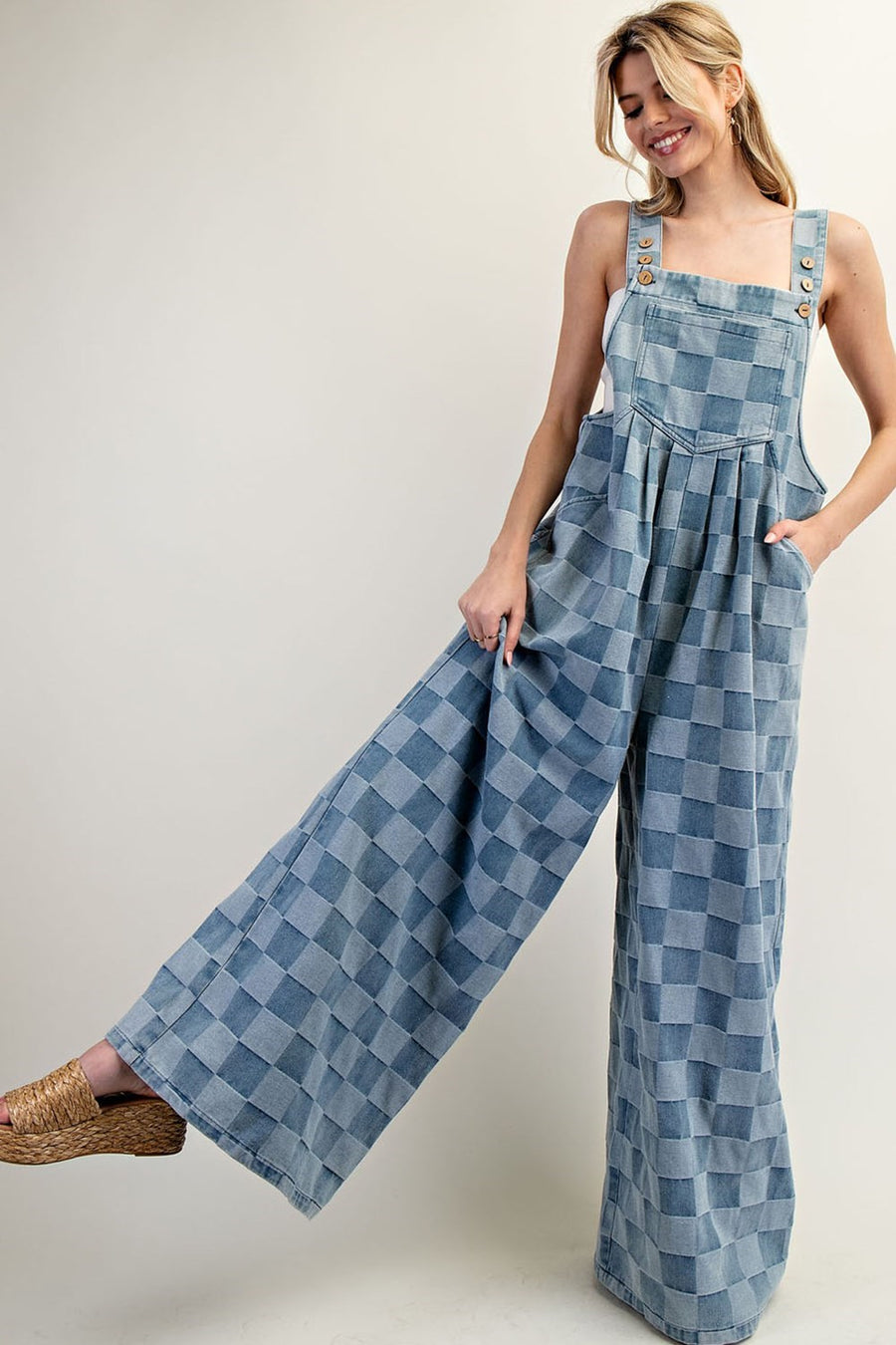 Mineral Washed Checker Print Wide Leg Overalls