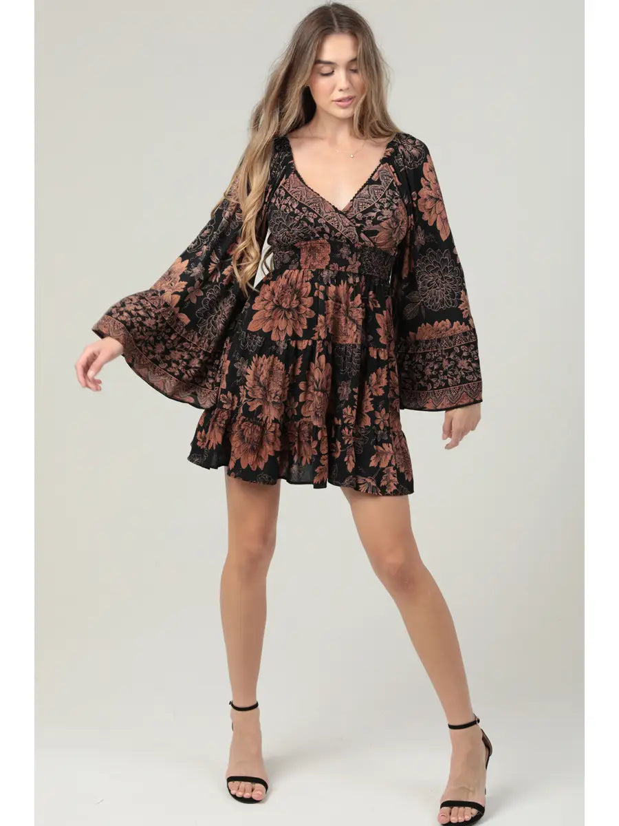 Dark Floral Bell Sleeve Ruffle Mini Dress