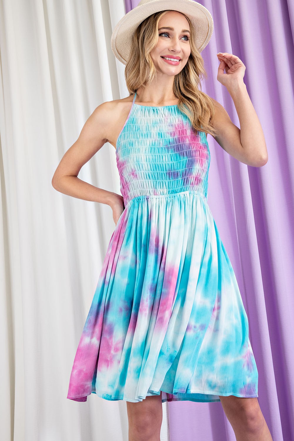 Smocked Halter Top Tie Dye Mini Dress in Blue and Pink SALE