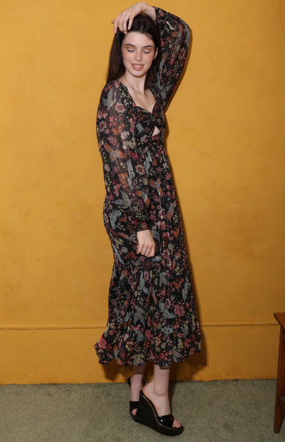Floral Print Sheer Overlay Cutout Maxi Dress