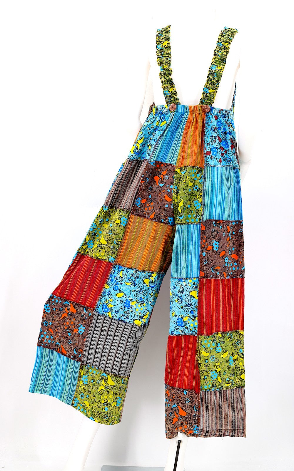 Mushroom Pattern Patchwork Overalls in Blue