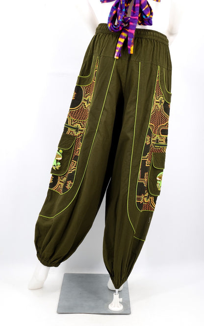 Geometric Tribal Harem Cargo Pants with Mushroom Embroidery