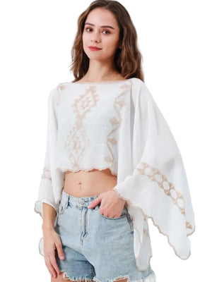Embroidered Cropped Kaftan Top – Boho Flutter Sleeve Festival Top in White & Gold
